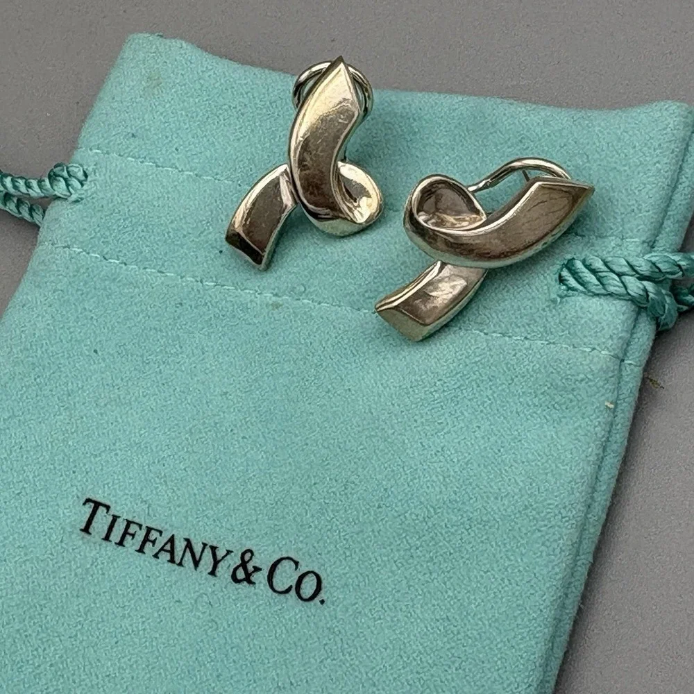Tiffany & Co Pierced Earrings Sterling Silver 925 Paloma Picasso Ribbon LARGE